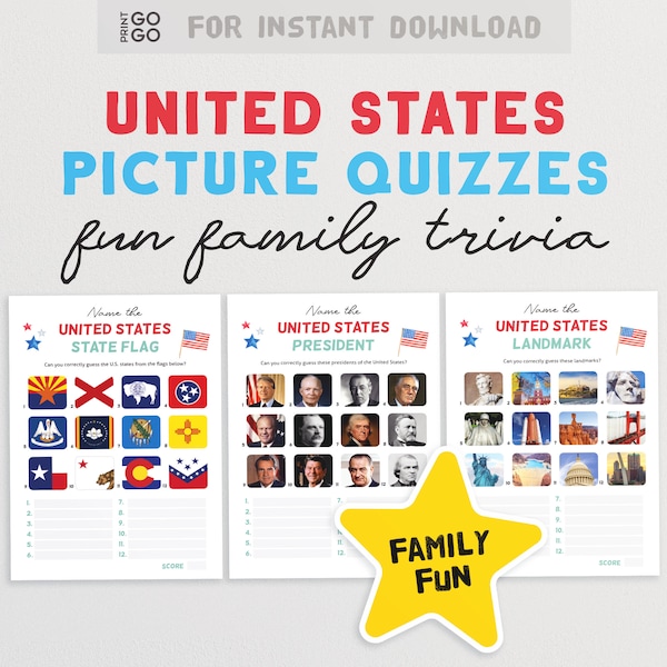 United States Picture Quiz Bundle | Patriotic US Quiz | American Presidents Quiz | US Landmarks | American State Flags | Fun American Quiz