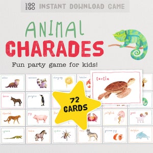 Animal Charades - Il divertente gioco di società in famiglia in cui si recitano e si indovinano le creature / Gioco di società stampabile per bambini / Gioco di gruppo per bambini