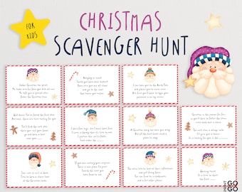 Peut inclure: Un jeu de chasse au trésor de Noël imprimable pour les enfants. Le jeu présente un Père Noël en dessin animé avec un chapeau violet et une barbe blanche. Le jeu comprend 10 cartes avec des indices pour la chasse au trésor. Les cartes sont décorées de cannes en sucre rouge et blanc, de bonhommes en pain d'épices et d'étoiles.