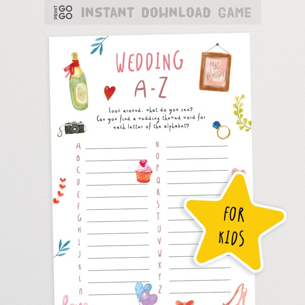 Wedding A-Z Treasure Hunt for Kids | Wedding Scavenger Hunt | Kids Wedding Games | Wedding I Spy Activity | Children's Cocktail Hour Game