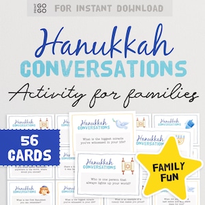 56 cartes de conversation de Hanoukka - Une activité enrichissante pour les familles | Cartes de discussion familiales | Pot à questions pour table à dîner | Activité juive