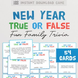 Quiz Vrai ou Faux du Nouvel An - Un jeu de devinettes amusant en groupe | Cartes de jeu-questionnaire Party NYE | Jeu de famille Faits saillants des Fêtes | Jeux de Noël