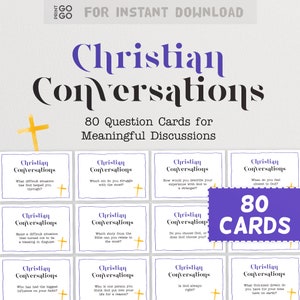 80 cartões de conversa cristã | Cartões de discussão cristãos | Iniciadores de Conversa na Igreja | Cartões de mesa de comensal da fé | Frasco de perguntas familiares