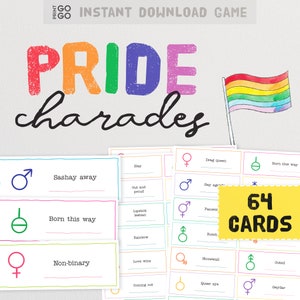 Tarjetas de charada del orgullo: el divertido juego de fiesta LGBTQI+ que consiste en actuar y adivinar frases. Juego imprimible para ayudar a celebrar el mes del orgullo este junio.
