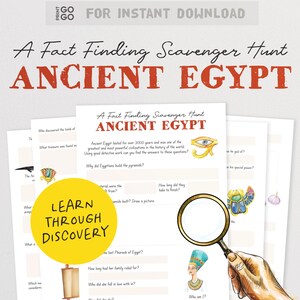 May include: A printable scavenger hunt activity sheet titled A Fact Finding Scavenger Hunt ANCIENT EGYPT. The document features questions about Egyptian history, illustrations of an Eye of Horus, a scarab beetle, and a pharaoh, plus a magnifying glass graphic.