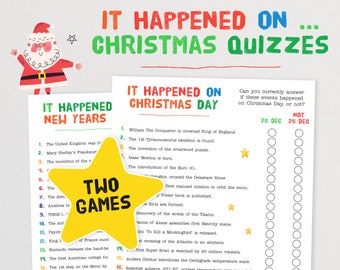 May include: A printable Christmas quiz game with the title "It Happened on Christmas Day" and "It Happened New Years". The game features a Santa Claus illustration and a star-shaped graphic that says "Two Games".