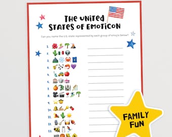 The United States of Emoticon Quiz | American States Trivia Game | USA Picture Quiz | Fourth of July | Family Game Night Printable