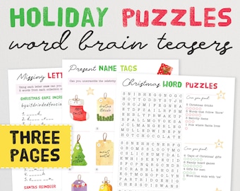 May include: Three printable pages of Christmas-themed word puzzles. The first page has a missing letter word puzzle, the second page has a word search puzzle, and the third page has a word puzzle with a list of things to find.