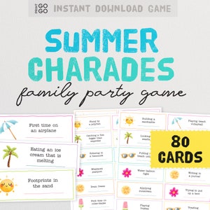 Summer Charades - O divertido jogo de festa em família para representar e adivinhar frases | Jogo de equipe para impressão | Ideias para acabar com o tédio nas férias