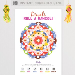 May include: A printable Diwali Roll a Rangoli game board featuring a colourful mandala design. The game includes instructions to roll a die and shade in the rangoli. The colours are green, pink, blue, red, yellow, and brown.