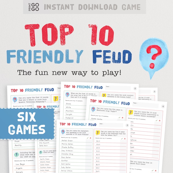 Top 10 Friendly Feud - La façon originale et amusante de jouer ! Un jeu de groupe de questions, de travail d'équipe et de points ! | Jeu de fête en équipe familiale