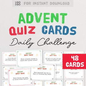 Quiz-adventkaarten: een leuke manier om af te tellen naar Kerstmis | 48 kerstadventskalenderkaarten | Dagelijkse vakantiequizvragen | Kersttrivia