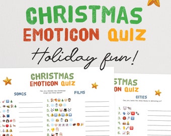 May include: Printable Christmas Emoticon Quiz game with a green, red, and yellow colour scheme. The quiz has three sections: Songs, Films, and Cities. Each section has 10 questions with emojis representing Christmas songs, films, and cities.