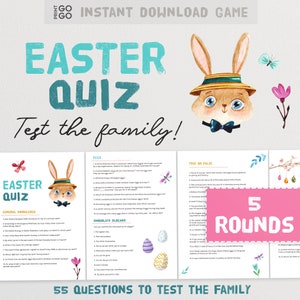 May include: A printable Easter quiz game with 5 rounds and 55 questions to test the family. The game features a cartoon bunny wearing a hat and bow tie, and colorful Easter eggs. The text "Easter Quiz" is written in a blue and green font.