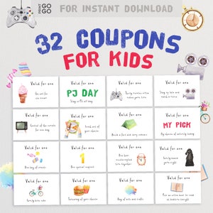 32 buoni per bambini / Regalo di compleanno per bambini / Buono attività presente / Regalo di compleanno per bambini fatto in casa / Carte coupon / Buoni premio
