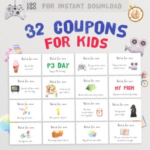 32 Coupons for Kids | Birthday Gift for Children | Activity Coupon Present | Homemade Kids Birthday Present | Coupon Cards | Reward Coupons