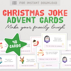 Cartes de l'Avent blagues - Une façon amusante de faire le compte à rebours de Noël | 48 cartes de calendrier de l'Avent de Noël | Cartes de blagues de Noël quotidiennes | Noël imprimable