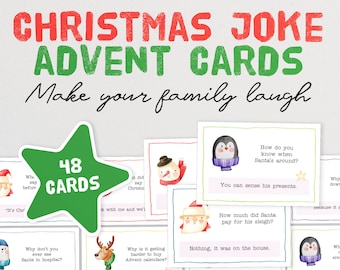 Cartes de l&#39;Avent blagues - Une façon amusante de faire le compte à rebours de Noël | 48 cartes de calendrier de l&#39;Avent de Noël | Cartes de blagues de Noël quotidiennes | Noël imprimable