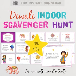 May include: A printable Diwali scavenger hunt for kids with 16 cards featuring colorful illustrations of elephants, lanterns, and a boy. The text on the cards includes instructions for the scavenger hunt and the phrase "Happy Diwali".