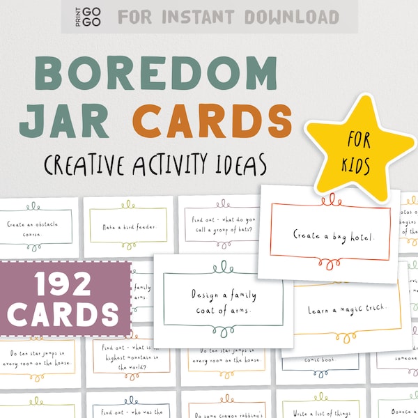Boredom Jar Cards - 192 Creative Activity Ideas To Keep Kids Entertained at Home | Homemade I'm Bored Jar | Summer Holiday Boredom Buster