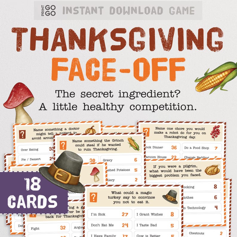 Thanksgiving Face-Off : Give thanks to your competitive spirit! Family Party Game of Guessing Top Answers (Digital Download)