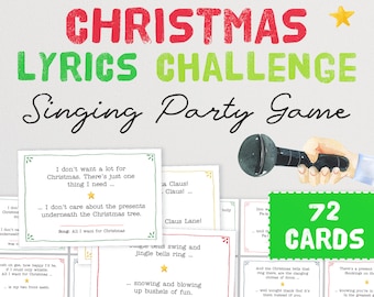 May include: A set of 72 Christmas carol lyric cards for a singing party game. The cards are colorful and feature a microphone, a Christmas tree, and a star. The text on the cards includes lyrics from popular Christmas songs.