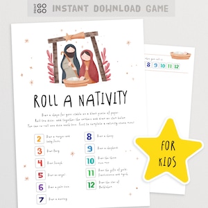 May include: A printable Christmas game for kids called "Roll a Nativity". The game includes a colorful illustration of the nativity scene and instructions to roll dice and draw different elements of the nativity scene.