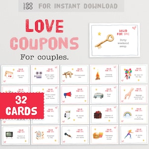 32 Coupon per coppie innamorate - Un regalo premuroso ed economico / Regalo di San Valentino / Regalo di carta per il primo anniversario / Coupon di Natale per adulti
