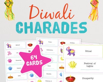 Charadas de Diwali: celebre el Festival de la Luz con un divertido juego de fiesta familiar en el que se representan y se adivinan frases. Juego de equipo imprimible.