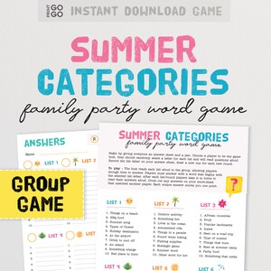 Summer Family Kategorien - Das Gruppenspiel des Erratens Einzigartige Antworten und Scoring! | Druckbare Urlaub Aktivität | Urlaub Wortspiele
