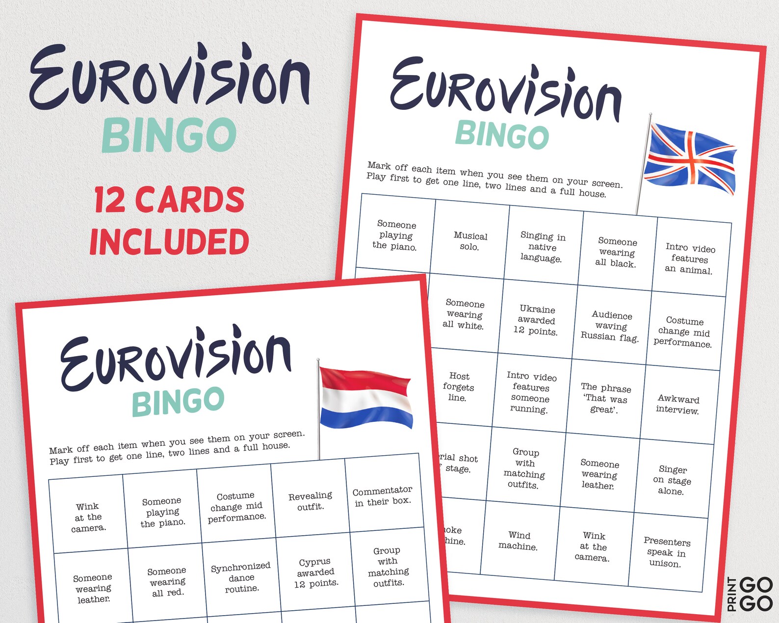 Eurovision Song Contest Bingo Cards Eurovision Bingo Party Etsy