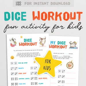 May include: Printable dice workout activity for kids. The printable features two pages with instructions and a list of exercises. The first page has a cat illustration and the second page has a dog illustration. The printable includes a yellow star with the text "FOR KIDS" on it.