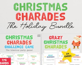 Puede incluir: Un juego de charadas de Navidad imprimible con 176 cartas y un juego separado de 64 cartas para un juego de "Charadas de Navidad locas". Las cartas presentan una variedad de palabras y frases con temática navideña.
