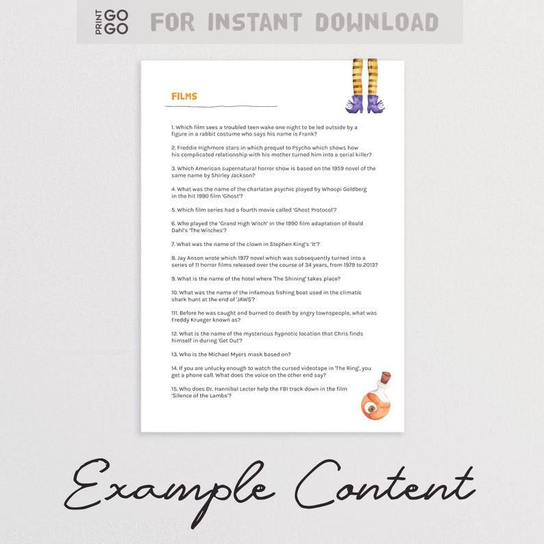 May include: Printable trivia game featuring a witch illustration and the text "FILMS" and "Example Content". The game includes questions about popular horror films.