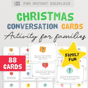 88 kerstkaarten | Gezinsdiner Gesprek Voorgerechten | Ideeën voor een etentje | Kerstprompts | Gezinsactiviteit | Idee voor verveelde pot
