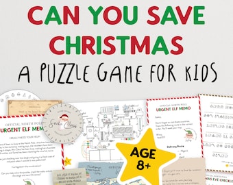 May include: A printable Christmas-themed puzzle game for kids ages 8 and up. The game features a Santa Claus illustration, a map of the world, and a Christmas Eve checklist. The text on the game says "Can You Save Christmas? A Puzzle Game for Kids."