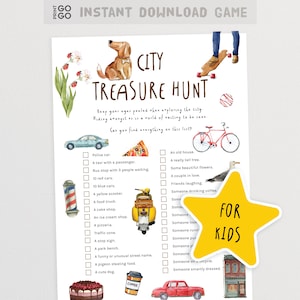 Op de afbeelding: Een printbaar stadsspeurtocht spel voor kinderen. Het spel bevat een checklist met items om te vinden in een stadsscène, waaronder een politieauto, een taxi, een bushalte, rode auto's, blauwe auto's, een gele scooter, een foodtruck, een cake shop, een ijssalon, een pizzeria, een verkeerskegel, een stopbord, een parkbank, een grappige of ongewone straatnaam, een duif die voedsel steelt, een schattig hondje, een oud huis, een echt hoge boom, mooie bloemen, een stelletje verliefd, lachende vrienden, iemand die koffie drinkt, iemand die kijkt, iemand die rent, iemand die iets neerlegt, iemand die speelt, iemand op een fiets en iemand die stijlvol gekleed is.