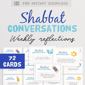 72 cartes de conversation de Shabbat - Une activité juive significative pour les familles | Cartes de discussion familiale du sabbat | Pot à questions pour table à dîner