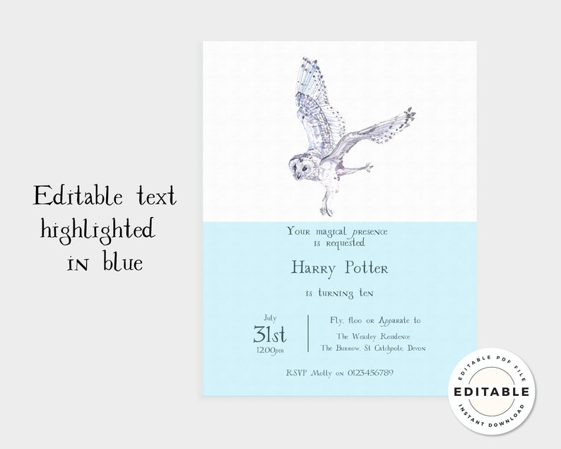 Editable Harry Potter Owl Invitation Hogwarts Birthday Etsy