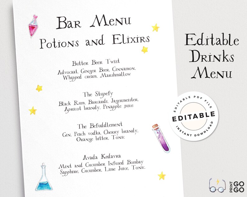 Editable Harry Potter Drinks Menu Potions and Elixirs | Etsy