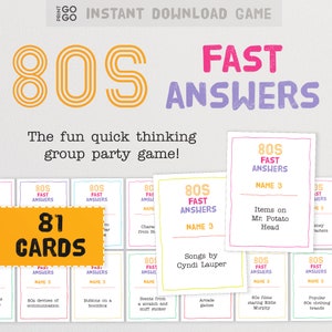 May include: A printable 80s trivia game with 81 cards. The cards are yellow, pink, blue, and green with black text. The text on the cards says "80s Fast Answers" and includes trivia questions like "Songs by Cyndi Lauper" and "Items on Mr. Potato Head".