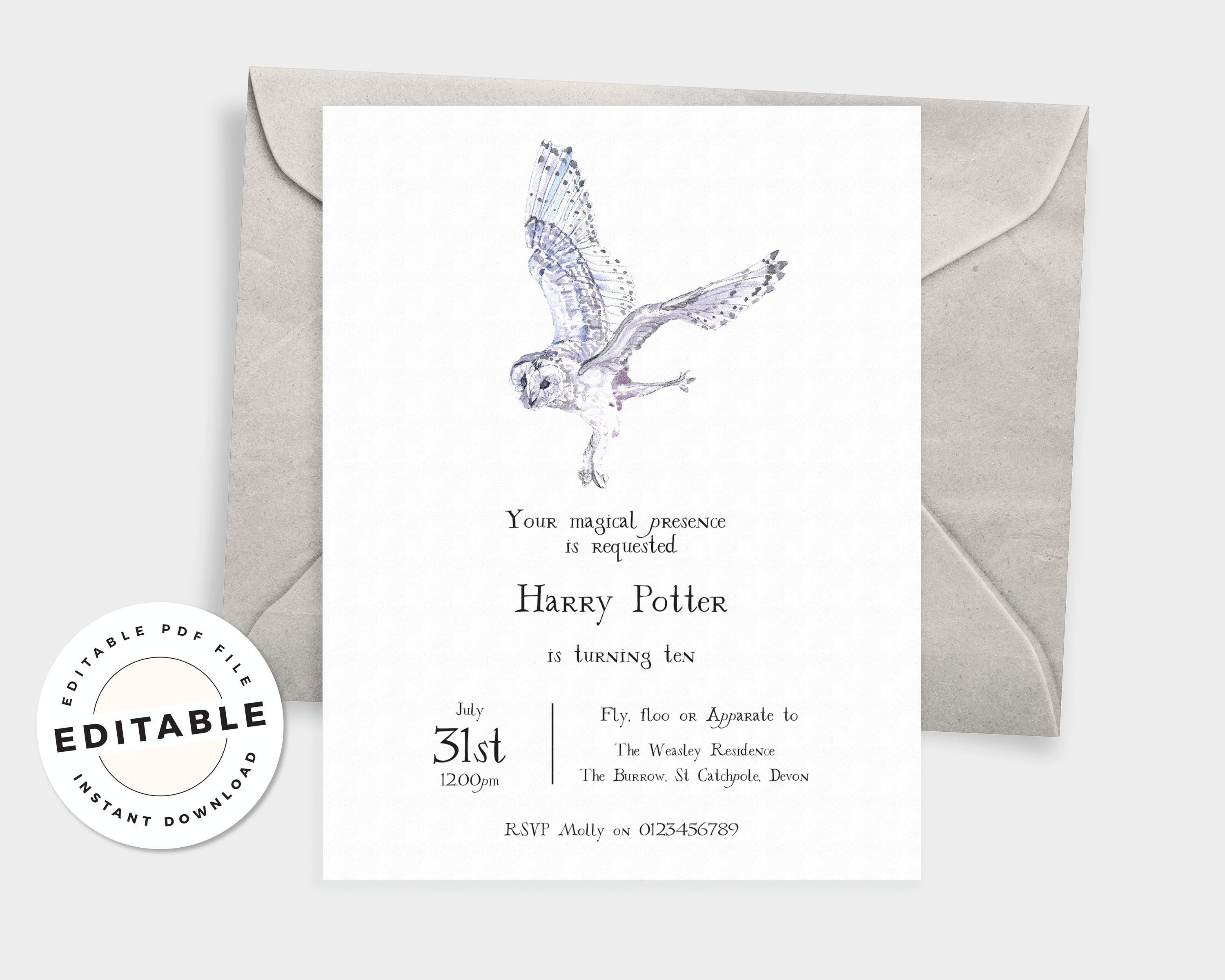 Editable Harry Potter Owl Invitation Hogwarts Birthday Etsy