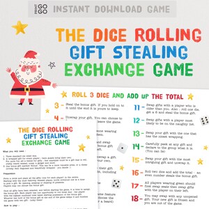 May include: A printable Christmas game called "The Dice Rolling Gift Stealing Exchange Game" features a Santa Claus illustration and instructions for playing the game. The game involves rolling dice and exchanging gifts based on the total rolled.