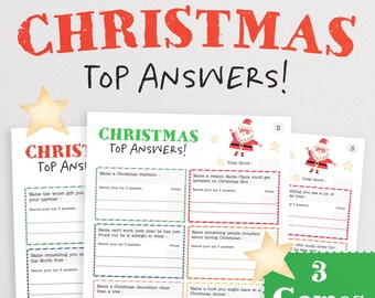 May include: A set of three printable Christmas Top Answers game sheets featuring red, green, and blue dashed borders. Each sheet includes numbered sections with holiday-themed questions, blank lines for recording answers, and illustrations of Santa Claus.