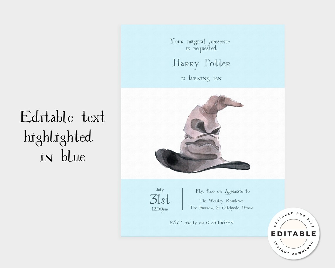 Editable Harry Potter Sorting Hat Invitation Hogwarts Etsy