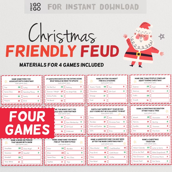 Christmas Friendly Feud Game - Le jeu de fête hilarant de deviner les meilleures réponses | Activité de groupe de vacances imprimable | Idée amusante de réunion de famille