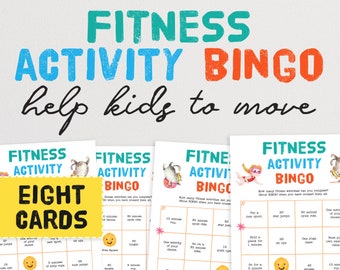 May include: Eight printable bingo cards with a colourful design featuring the text "Fitness Activity Bingo" and "Help Kids to Move". Each card has a 5x5 grid with various fitness activities listed in each square, such as "10 minute run", "30 minute cycle ride", "40 jump rope", "hold a plank for 1 minute", and "one yoga class".