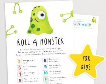 Pode incluir: Um jogo imprimível para crianças chamado "Roll a Monster". O jogo inclui instruções para desenhar um monstro rolando os dados e adicionando diferentes características a ele. O jogo é ilustrado com um monstro verde com um olho e um grande sorriso.