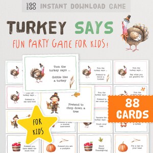 Turkey Says - Il divertente gioco del Ringraziamento per bambini che segue le istruzioni! / Gioco stampabile per la festa del Ringraziamento in famiglia / Festa al chiuso