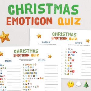 Puede incluir: Un juego de preguntas y respuestas de emojis de Navidad para imprimir, dividido en cuatro categor&iacute;as: canciones, pel&iacute;culas, villancicos y ciudades. Cada categor&iacute;a tiene diez preguntas con un emoji que representa la respuesta. El juego incluye un t&iacute;tulo, instrucciones y un gr&aacute;fico de estrella.